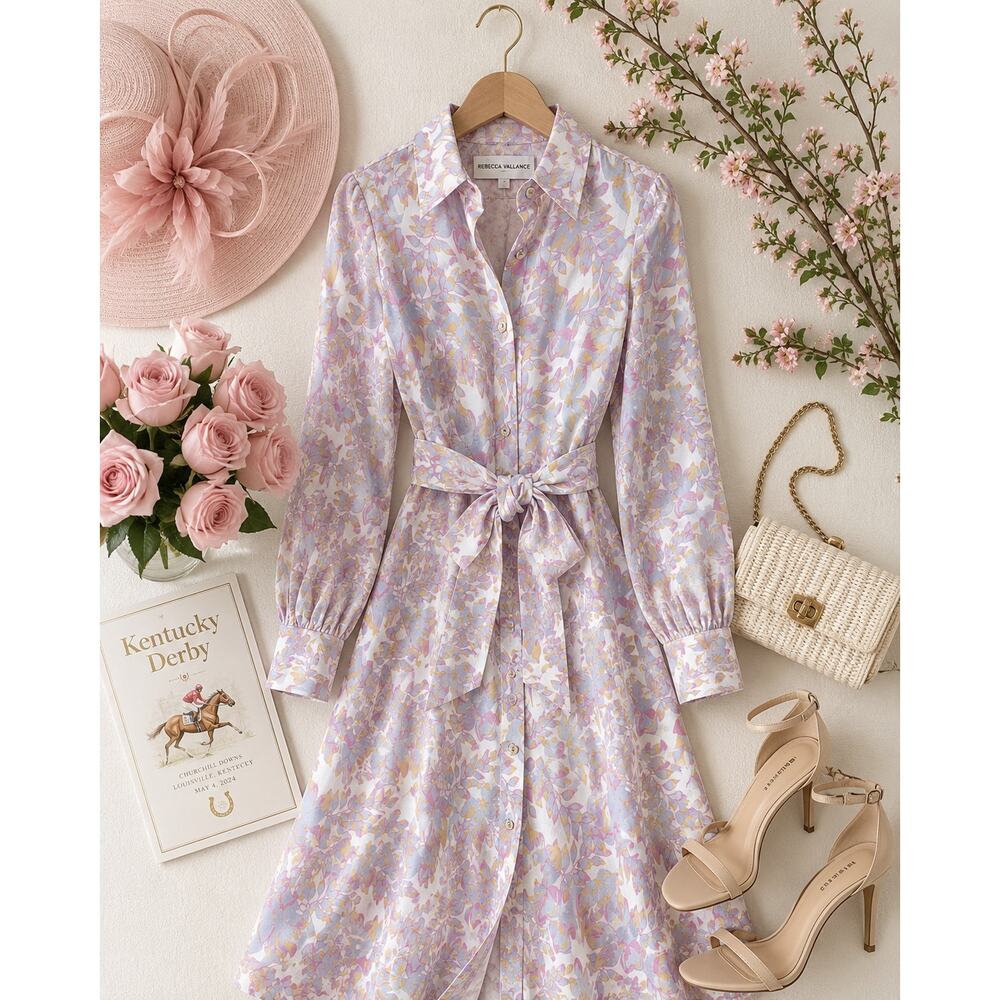 Rebecca Vallance Fleur Floral Midi Shirt Dress Tie Waist Pastel size US 2 - Picture 3 of 14
